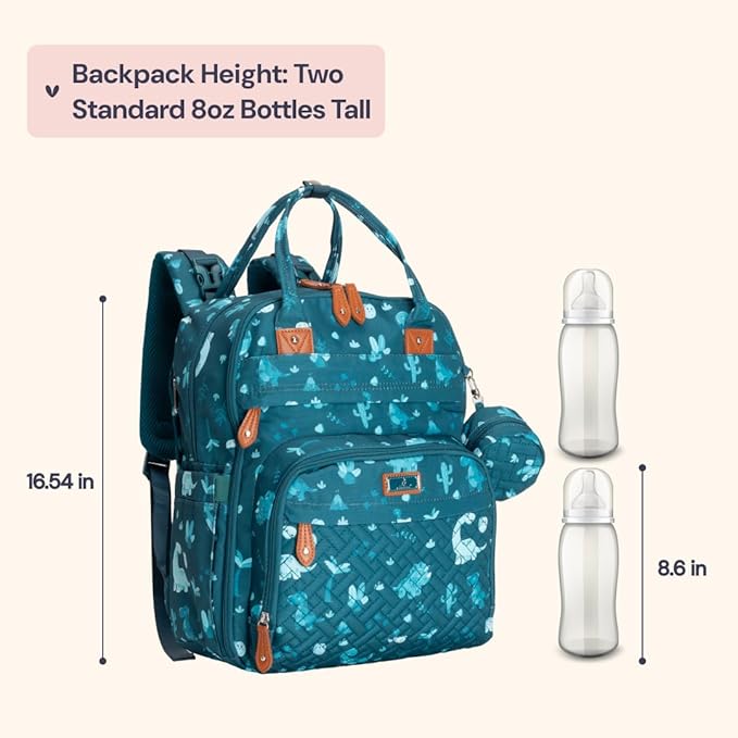 BabbleRoo Diaper Bag Backpack - Baby Essentials, Travel Essentials Baby Bag with Changing Pad, Stroller Straps & Pacifier Case - Unisex, Dino