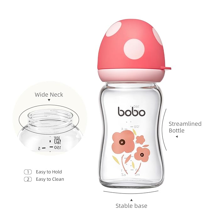 YOHKOH Natural Glass Baby Bottle with Natural Response Nipple, Newborn Anti-Colic Baby Bottles, Wide Neck Mushroom Cap Baby Bottle, Clear ((5.4oz (Pack of 2), Multicolour)