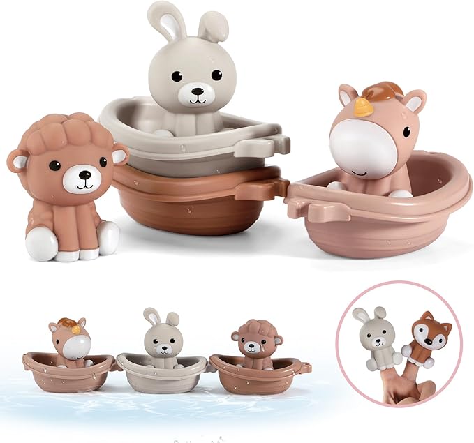 Nueplay Bathtub Toys for Toddlers 18M+,Baby Bath Toys with Animal Finger Puppets,Stackable Boat Train,Gift for Baby & Toddlers Set of 6