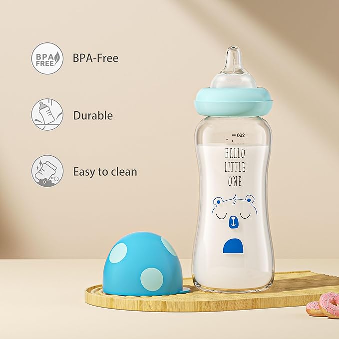 YOHKOH Natural Glass Baby Bottle with Natural Response Nipple, Newborn Anti-Colic Baby Bottles, Wide Neck Mushroom Cap Baby Bottle, Clear (8.8ounce (Pack of 2), Blue1)