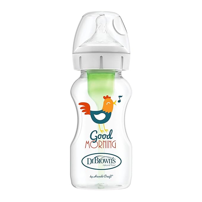 Dr. Brown's Natural Flow Anti-Colic Options+ Wide-Neck Baby Bottles, 9 oz/270 mL, with Level 1 Slow Flow Nipple, 4 Pack Good Morning/Good Night Gift Set