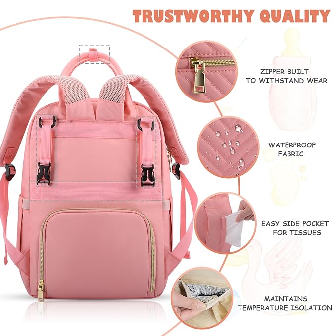 Baby Diaper Bag Backpack, Travel Diaper Bags for Baby Girl Boy Large Capacity Baby Bag Backpack for Women Light Pink