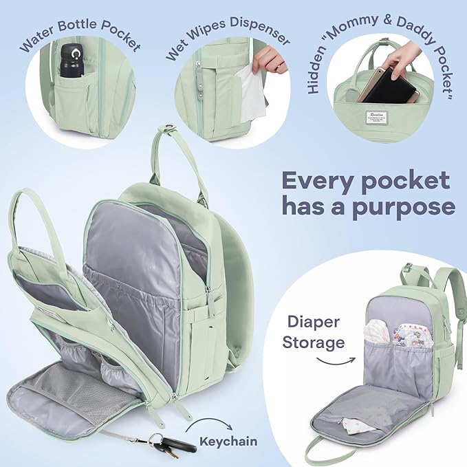 RUVALINO Diaper Bag Backpack-Multifunction Baby Travel Bag with Changing pad, Insulated Bottle Holders & Pacifier Case, Large Capacity, Waterproof, Mint Green