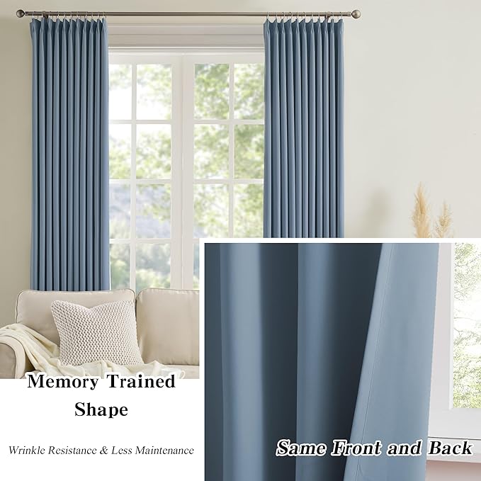 KEQIAOSUOCAI Stone Blue Pinch Pleat Curtain Blinds 102 Inches Long, Living Room Dark Out Draperies, Energy Saving Long Curtains for Boys Room Laundry Room, Set of 2, 40 inches x 102 inches