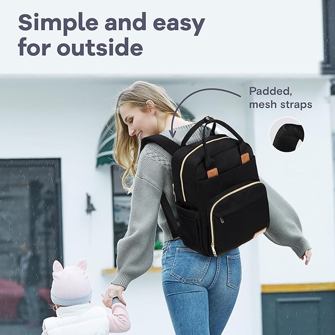 RUVALINO Diaper Bag Backpack-Multifunction Baby Travel Bag, Insulated Bottle Holders & Large Capacity, Waterproof, Deep Black