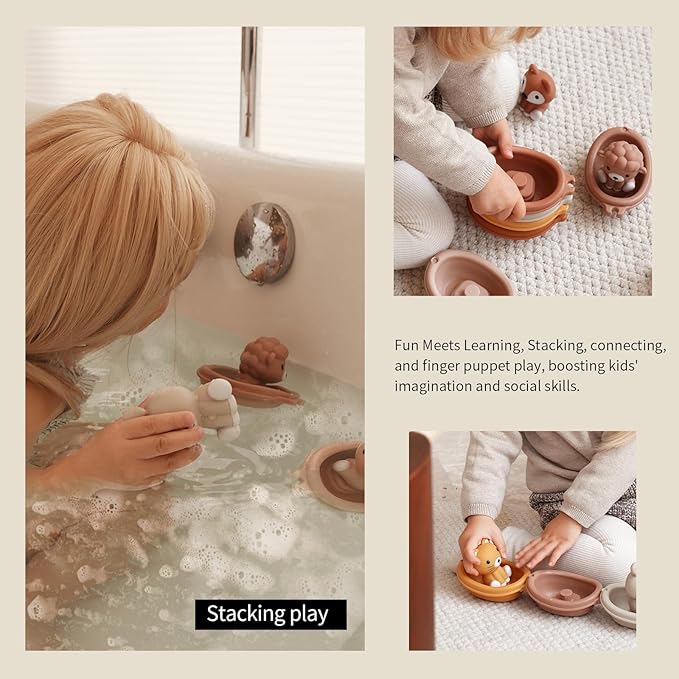 Nueplay Bathtub Toys for Toddlers 18M+,Baby Bath Toys with Animal Finger Puppets, Stackable Boat Train ,Gift for Baby & Toddlers Set of 12