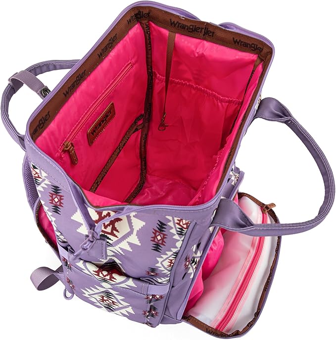 Wrangler Diaper Bag Backpack Aztec Travel Backpack Purses Western Multi-Function Baby Bags for Mom with Waterproof Insulated Pockets