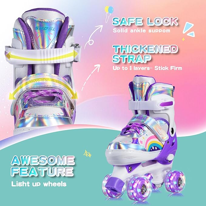 Girls Roller Skates for Kids Beginners 4 Size Adjustable Roller Skates, Light UP 8 Wheels for Girls Roller Skate Fun Illuminating Roller Skate for Kids Boys patines para niñas