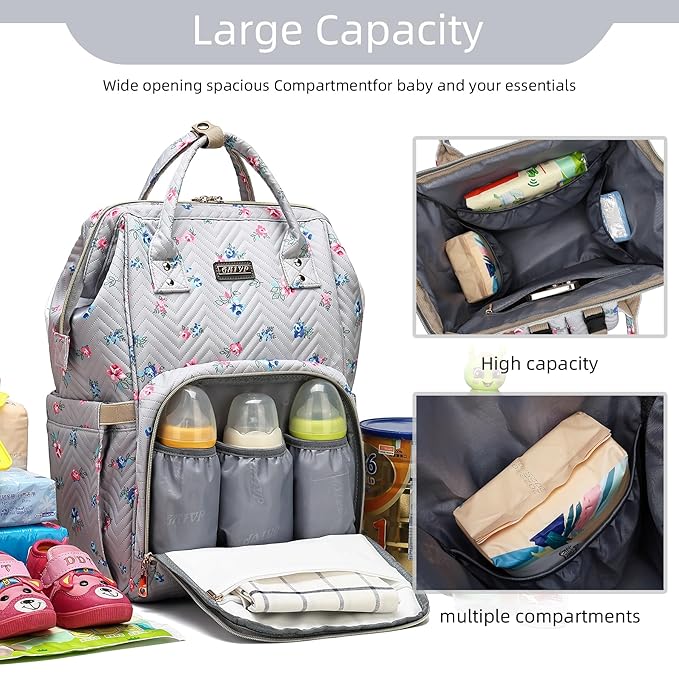 Diaper Bag Backpack for Women, Baby Bags for Girls,Diaper Bag with Changing Pad, and Insulated Pockets-Grey Flowers