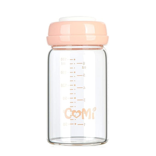 COMI Wide Neck Glass Breastmilk Collection n Storage Bottle, 6oz with Screw Ring Sealing Disk; Re-markable Sealing Disc. BPA Free, Fits Breast Pumps & Nipples (Pink Lids)