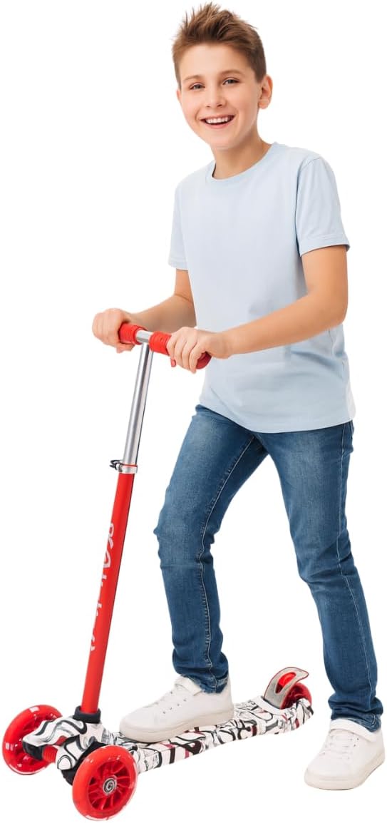 Maxi Scooter for Kids Ages 6-12 Lean-to-Steer 3 Wheel Scooter for Kids Ages 6-12 PU Light-Up Wheels Kids Scooter Adjustable Height Light Weight Aluminum Scooters T-Bar Colorful Design Printed