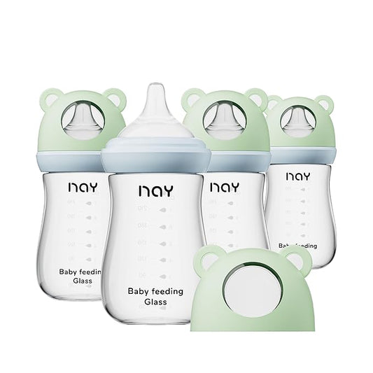 Natural Glass Baby Bottle for Breastfeeding Babies, 8oz Anti-Colic Baby Bottle with Natural Response Nipple(M), Clear, Wide Neck, 4 Pack, 3 Months+