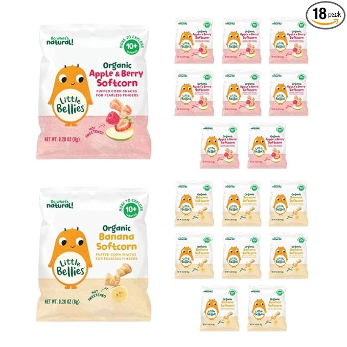 Little Bellies Organic Softcorn Variety Pack, Apple & Berry and Banana (Pack of 18 x 0.28 oz Individual Packs)