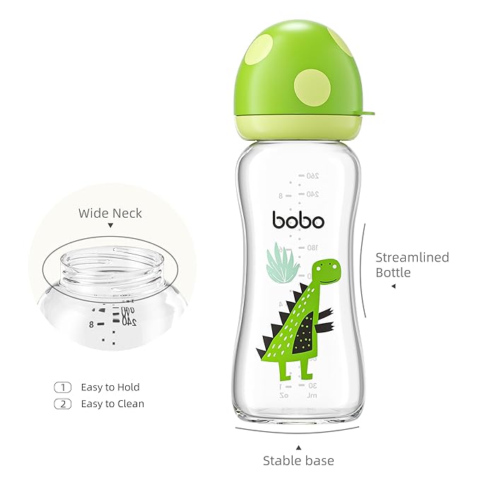 YOHKOH Natural Glass Baby Bottle with Natural Response Nipple, Newborn Anti-Colic Baby Bottles, Wide Neck Mushroom Cap Baby Bottle, Clear (8.8ounce (Pack of 4), Green2)