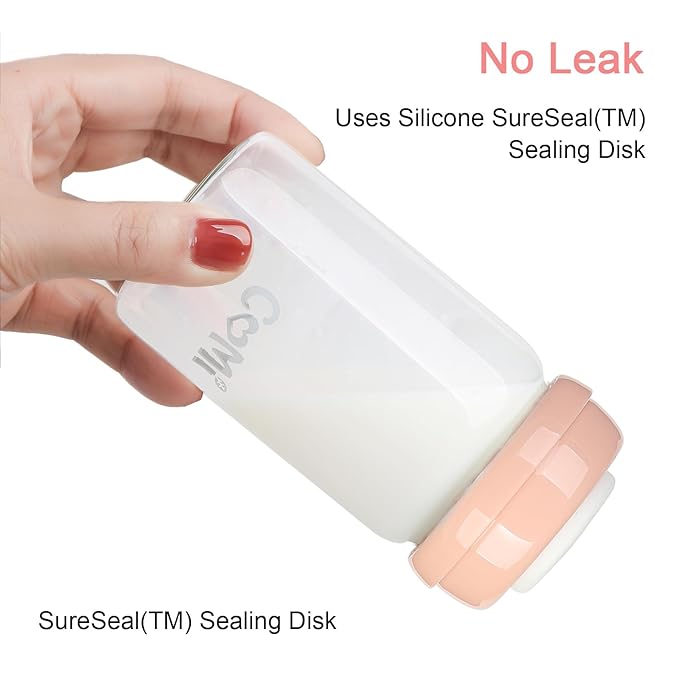 COMI Wide Neck Glass Breastmilk Collection n Storage Bottle, 8oz with Screw Ring Sealing Disk; Re-markable Sealing Disc. BPA Free, Fits Breast Pumps & Nipples (4 Pink Lids)