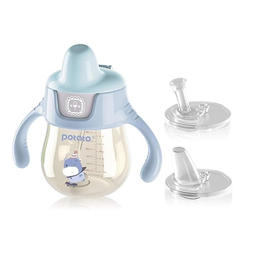 POTATO Sippy Cups For Toddlers with Straw Spill Proof, PPSU Learner Cup with Handle for Boy, Water Bottle for Baby 6 Months with 2 Type of Spout, 6 Ounce Blue