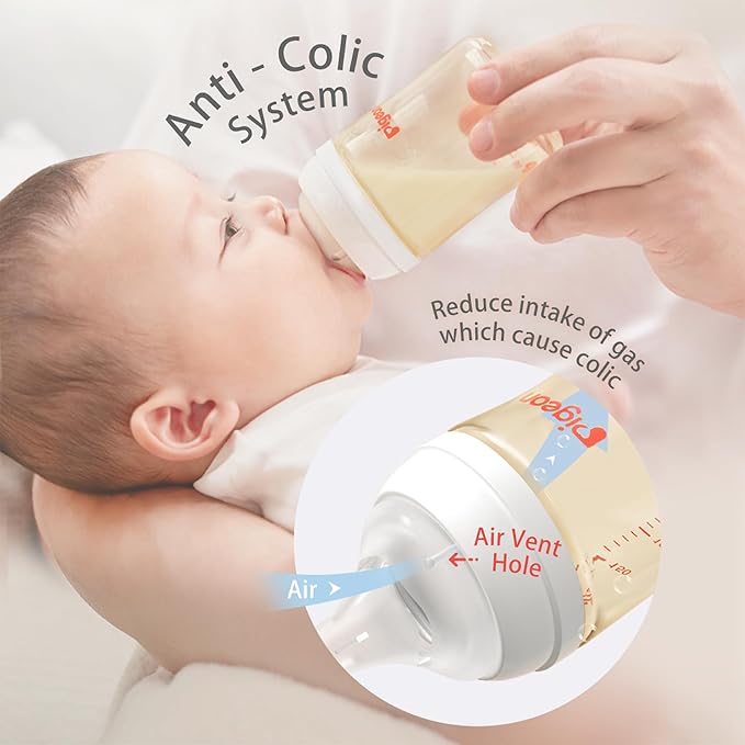 Pigeon PPSU Nursing Baby Bottle Wide Neck, Anti-Colic, Streamlined Body, Natural Feel, Easy to Clean, 5.4 Oz(Pack of 2), Includes 2pcs SS Nipples (0m+)