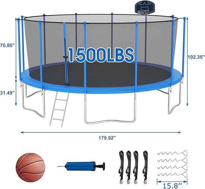 SKYUP Tranpoline 1500LBS 16 15 14 12 10 8 FT Tranpoline for 7-10 Kids and Adults, Windproof Outdoor Tranpoline with Enclosure Net, Basketball Hoop, Easy to Install & Last Long - ASTM Approved
