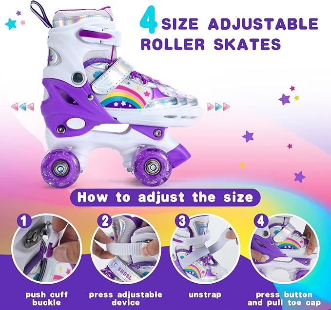 Girls Roller Skates for Kids Beginners 4 Size Adjustable Roller Skates, Light UP 8 Wheels for Girls Roller Skate Fun Illuminating Roller Skate for Kids Boys patines para niñas