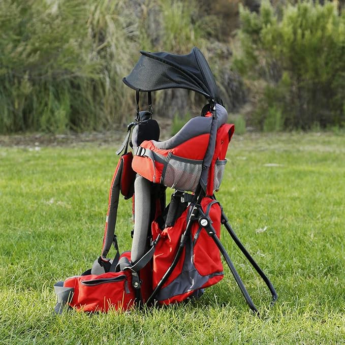 ClevrPlus Canyonero Camping Baby Backpack Hiking Kid Toddler Child Carrier with Stand and Sun Shade Visor, Red