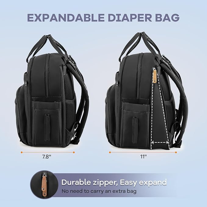 RUVALINO Diaper Bag Backpack-Expandable Baby Bag with up to 50% Capacity -Baby Essentials Bag with Changing Pad Insulated Bottle Holders & Pacifier Case, Waterproof, Black XL
