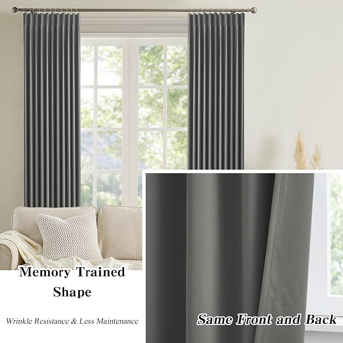 KEQIAOSUOCAI Wide Width Window Curtains 100 x 84 Inches Long, Vertical Accordion Style Pinch Pleat with Hooks Pleated Room Divider for Traverse Rod 100 x 84-2 Panels, Grey