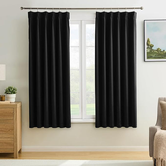 KEQIAOSUOCAI Short Pinch Pleated Blackout Curtains 54 Inch Long 2 Panels for Bedroom Thermal Insulated Black Out Window Curtain Pinched Pleat Drape with Hooks (W40 x L54 Inch, Black)