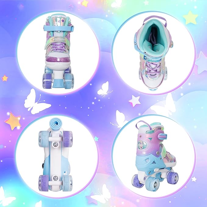 Nattork Kids Roller Skates for Girls Boys Kids, 4 Sizes Adjustable Quad Skates Butterfly and Flower with All Light up Wheels - Birthday Gift for Indoor Outdoor Sports