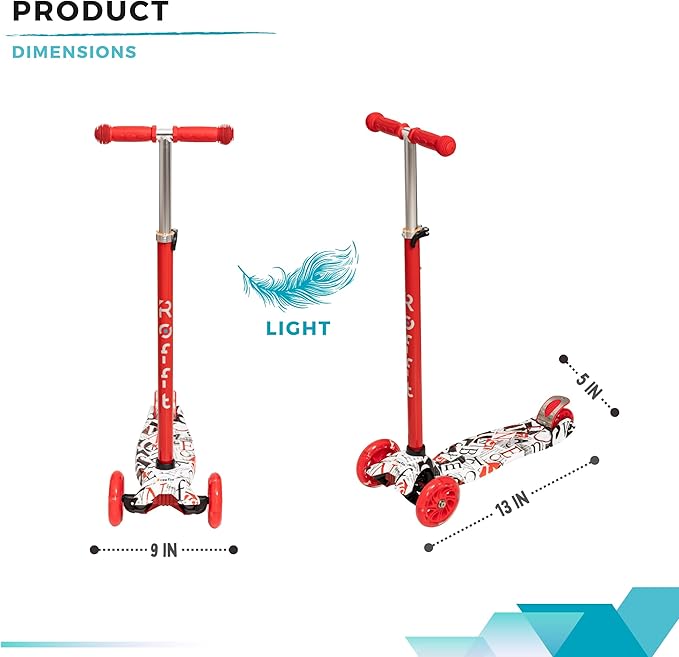 Maxi Scooter for Kids Ages 6-12 Lean-to-Steer 3 Wheel Scooter for Kids Ages 6-12 PU Light-Up Wheels Kids Scooter Adjustable Height Light Weight Aluminum Scooters T-Bar Colorful Design Printed