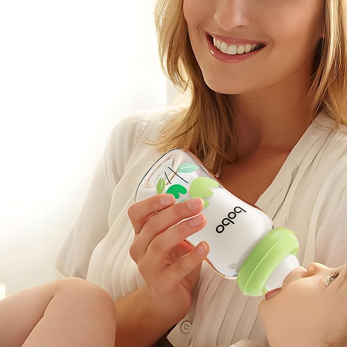 YOHKOH Natural Glass Baby Bottle with Natural Response Nipple, Newborn Anti-Colic Baby Bottles, Wide Neck Mushroom Cap Baby Bottle, Clear (Green, (5.4oz (Pack of 2))