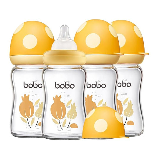 YOHKOH Natural Glass Baby Bottle with Natural Response Nipple, Newborn Anti-Colic Baby Bottles, Wide Neck Mushroom Cap Baby Bottle, Clear (Yellow, (5.4oz (Pack of 4))