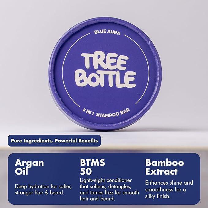 Tree Bottle Argan Oil + Bamboo Extract 3-in-1 Shampoo Bar for Men - For Hair, Beard & Body - Deep Clean, Nourishing & Frizz Control - Natural, Paraben & Sulfate-Free - Made in USA - 4.5oz