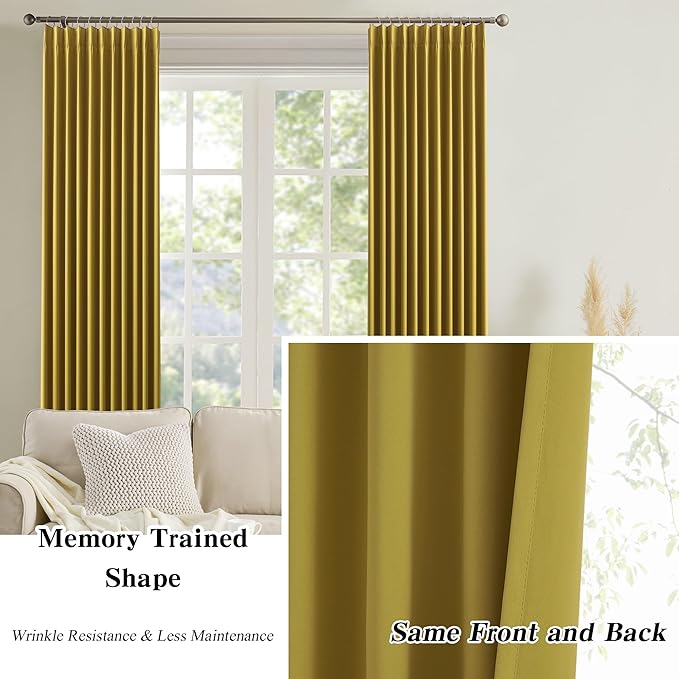 KEQIAOSUOCAI Yellow Pinch Pleated Curtains 72 Inch Length 2 Panels Set Noise Cancelling Window Drapes for Nursery Bedroom Living Room 40x72