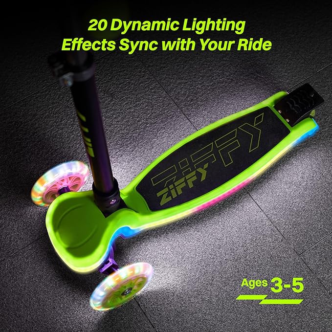 ZIFFY 3-Wheel Light-Up Kids Scooter, Kids Balance Scooter for Boys Girls with 20 Dynamic LED Lights, 4 Adjustable Height, Lean-to-Steer Design with Anti-Slip Wide Surface for Stability - Up to 110LBS